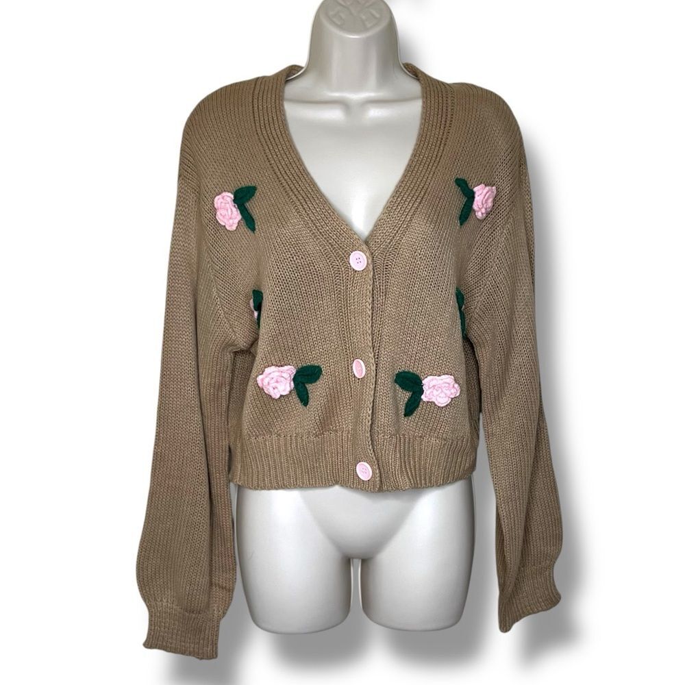 Love Tree Tan Cardigan Pink Crochet Floral Details Puff Sleeves Women Medium